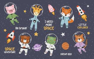 Cute animals astronauts in space, set, with planets, stars and spaceships. Flat design blue, cute vector