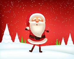 Happy Santa Claus, merry christmas and happy new year, red background with snowflakes, realistic santa character, winter banner, holiday vector