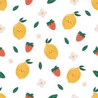 Fruits pattern, cute fruits with face, kids pattern, summer seamless pattern, lemon vector