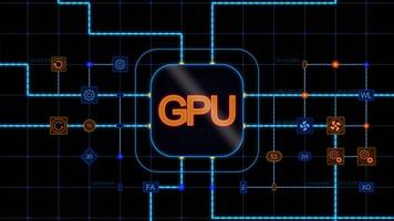 Orange GPU at the center of a rounded rectangle with circuit, connections and blue grid on a dark background. Animated texture, horizontal composition. Loop animation footage for graphic design. video