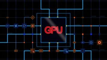 Red GPU at the center of a square with circuit, connections and blue grid on a dark background. Animated texture, horizontal composition. Loop animation footage for graphic design. video
