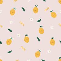 Fruits pattern, cute fruits with face, kids pattern, summer seamless pattern, lemon fruit vector