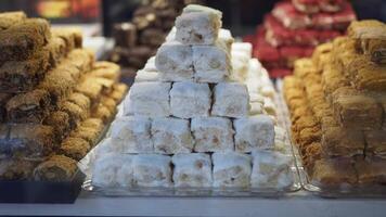 Delicious turkish delight displayed in a local market in the afternoon video