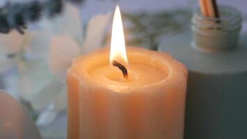 Relaxing candle flame flickers in tranquil setting video