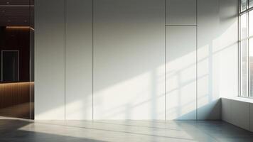 Empty modern interior with a white wall illuminated by window sunlight and shadows photo