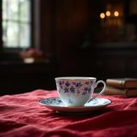 Elegant teacup and saucer with blue floral pattern on red cloth photo