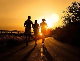 Silhouetted runners on a road heading towards a bright sunset with long shadows photo