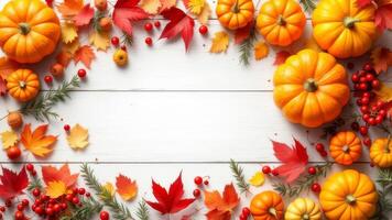 Harvest season background with pumpkins and leaves on a white wooden surface photo