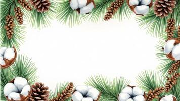 Watercolor frame of pine branches, cones, and cotton on white photo