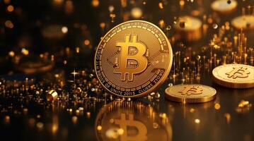 Detailed close-up of a golden Bitcoin with blurred coins and shimmering gold in the background photo