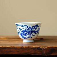 White ceramic bowl with blue swirl design on a wooden surface photo