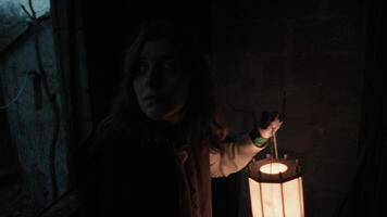 Scared Woman Explores A House In The Countryside At Night With A Lantern In Hand Close up photo