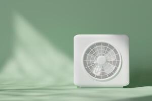 This 3D render features sleek, minimalist air source heat pump against a soft green backdrop, emphasizing its compact design and energy-efficient heating and cooling capabilities. Copy space for text. photo