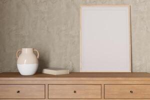 A minimalist interior showcases an empty picture frame on a wooden console, accompanied by a decorative vase and book. This setup invites personal artistic expression and creativity. 3D render. photo