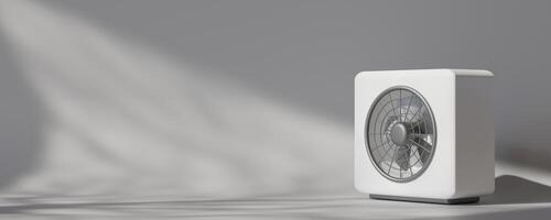 3D render displays compact air source heat pump characterized by a sleek, modern design. This energy-efficient device is ideal for spaces requiring sustainable heating options year-round. Copy space. photo