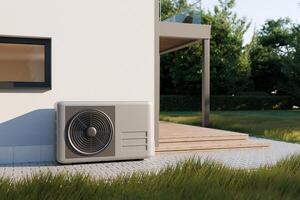 This 3D render displays a sleek air source heat pump placed on the exterior wall of a modern home, surrounded by a well-maintained garden and patio area on a sunny day photo