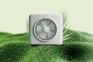 A detailed 3D rendering of an air source heat pump, prominently displayed against a lush green background. This design emphasizes energy efficiency and environmental harmony photo