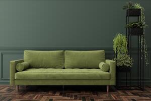 Contemporary interior showcasing a plush green sofa that offers comfort and style. A tall plant stand filled with greenery enhances the ambiance of the room. Empty wall for picture display. 3D render. photo