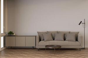 Stylish interior with a comfortable couch placed against a blank wall, providing ample copy space for picture display. The room is filled with natural light, enhancing the inviting atmosphere. 3D. photo