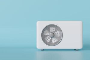 Modern air source heat pump displayed against a soft blue background showcases its sleek design and functionality for efficient heating and cooling in various environments. Copy space for text. 3D. photo