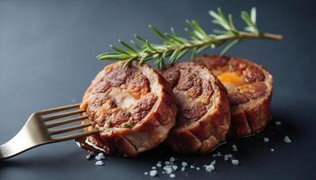 sliced beef steak on black plate . photo