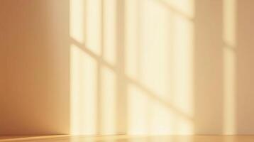 Golden light casts intricate shadows on a calm, empty room. photo