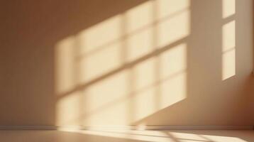 A serene, minimalist scene of sunlight filtering through a window, casting intricate shadows on a smooth, beige wall. photo