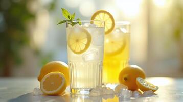 A refreshing beverage with lemon slices, ice, and green leaves. photo
