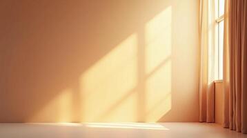 A serene, sunlit room featuring a window with golden curtains. photo