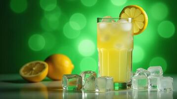 A vibrant lemonade drink with ice cubes and a lemon slice on a green bokeh background. photo