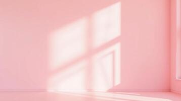 An empty, sunlit room with a soft pink hue. photo