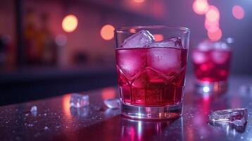 A glossy beverage rests in a glass, adorned with ice, set against a softly blurred backdrop. photo