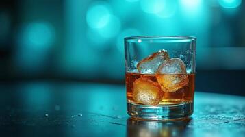 A elegant glass holds a amber liquid with three ice cubes, set against a blurred, bokeh-lit background. photo