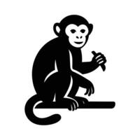Monkey silhouette holding a stick in black, Monkey with stick silhouette for jungle themes vector