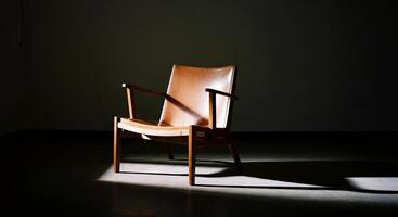 A minimalist scene featuring a beautifully designed chair illuminated by soft lighting photo