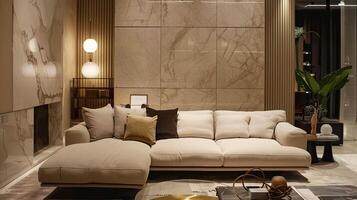 Experience sleek modernity in this inviting living space, featuring soft textures photo