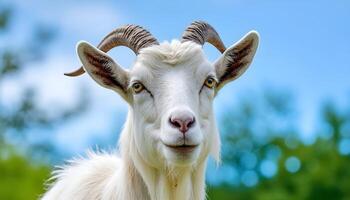 A White Goat Posing Against a Mountainous Landscape. photo