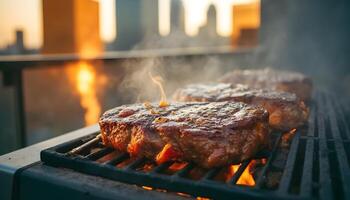 steaks cooking over flaming grill photo