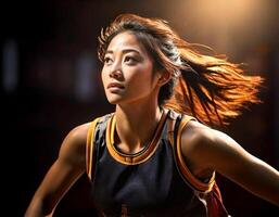 A basketball player making a slam dunk, captured in the air. photo