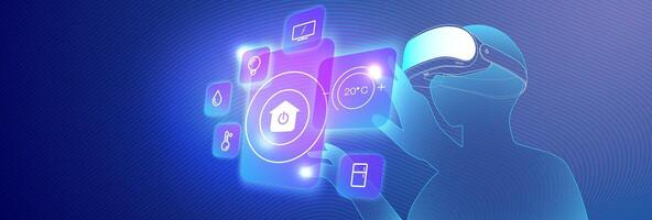 VR Smart Home futuristic concept showing a user controlling smart devices with virtual reality interface. Innovation, IoT, automation, and smart living technology. vector