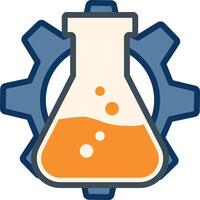 Colorful illustration of a chemical flask filled with liquid in front of a gear, symbolizing STEM, innovation, and applied sciences. vector