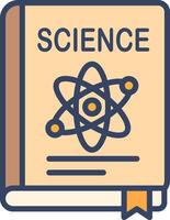 Flat illustration of a science textbook featuring an atomic model on the cover, ideal for education, STEM learning, and academic content. vector