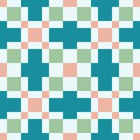 Seamless pixel art geometric pattern. Featuring squares and plus-shapes in a classic 8-bit style, this design uses a calming palette of teal, green, and peach against a light background. vector