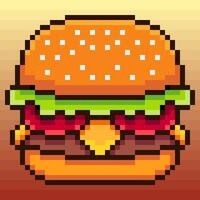 Pixel art burger illustration. Designed in a classic 8-bit style, features a sesame seed bun, lettuce, tomato, melted cheese, and patty against a warm background. vector