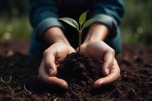 Environment World Environment Day In Hands Of Growing Tree Sapling Green Background Bokeh Human Hand Planting Tree On Natural Grass Field Forest Conservation photo
