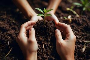 Environment World Environment Day In Hands Of Growing Tree Sapling Green Background Bokeh Human photo