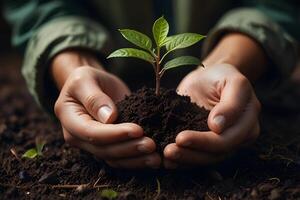 Environment World Environment Day In Hands Of Growing Tree Sapling Green Background Bokeh Human Hand Planting photo