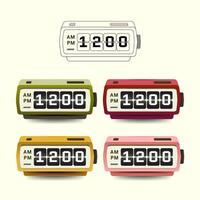 Colorful retro flip digital clock illustrations with AM and PM display. Includes four color variations. Great for UI, time concepts, icons, infographics, and digital interfaces. vector