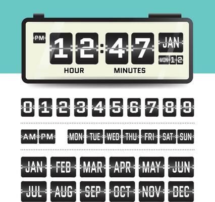 A set of flip clock UI elements including numbers, weekdays, and months. Ideal for creating custom digital time displays in apps, web, or print.
