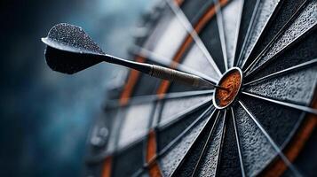 Close-up shot of a dart hitting the bullseye on a dartboard, showcasing precision. photo